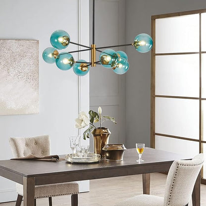 BOKT Modern Sputnik Chandelier 8-Lights Blue Glass Globe Chandelier Mid Century Pendant Light Fixture for Dining Room, Living Room, Island Kitchen, Bedroom