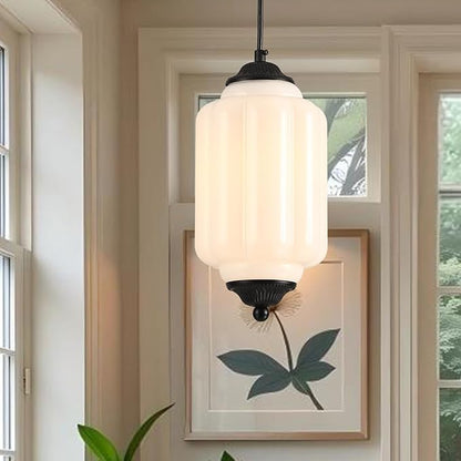 Vintage Schoolhouse Pendant Light Milk Glass Pendant Light White Farmhouse Chandelier Glass Pendant Light Fixture for Kitchen Island Lighting, Dining Room, Foyer, Bulb Included