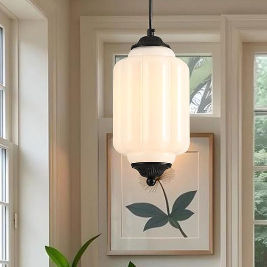 Vintage Schoolhouse Pendant Light Milk Glass Pendant Light White Farmhouse Chandelier Glass Pendant Light Fixture for Kitchen Island Lighting, Dining Room, Foyer, Bulb Included