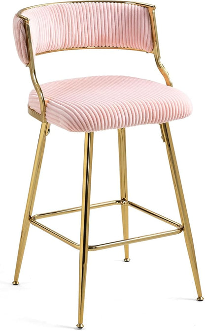 2-Pack Pink Corduroy Counter Height Bar Stools with Back, Golden Chrome Base and Footrest, Modern Kitchen Island Stools Set of 2, Upholstered Dining Stools for Home, Office, Cafe
