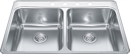 Kindred Creemore 33-in LR x 22-in FB x 8-in DP Drop In Double Bowl 3-Hole Stainless Steel Kitchen Sink, FCDLA3322-8-3CBN