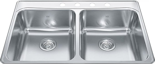 Kindred Creemore 33-in LR x 22-in FB x 8-in DP Drop In Double Bowl 3-Hole Stainless Steel Kitchen Sink, FCDLA3322-8-3CBN