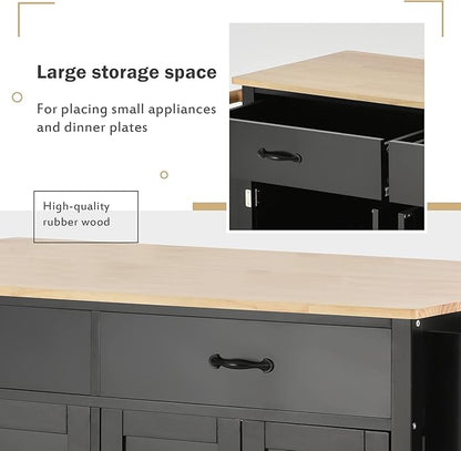Favfurish Kitchen Island Cart on Locking Wheels with 4 Cabinet and 2 Drawers, Rolling Coffee Bar Trolley w/Solid Wood Tabletop, Adjustable Shelves, Spice & Towel Side Rack, for Dining Room, Black