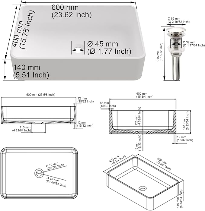 Cpingao Rectangular Vessel Sink, 24" X 16" White Stone Resin Modern Above Counter Bathroom Vanity Vessel Sink