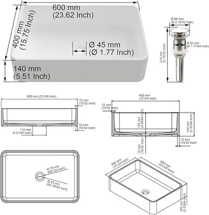 Cpingao Rectangular Vessel Sink, 24" X 16" White Stone Resin Modern Above Counter Bathroom Vanity Vessel Sink