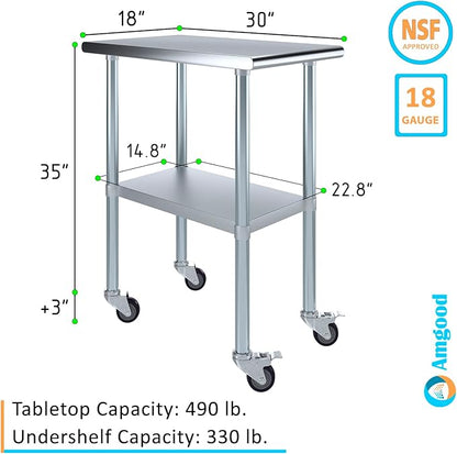 Stainless Steel Work Table with Wheels | NSF Kitchen Island Food Prep | Laundry Garage Utility Bench (Table + Wheels, 18" Long x 30" Deep)