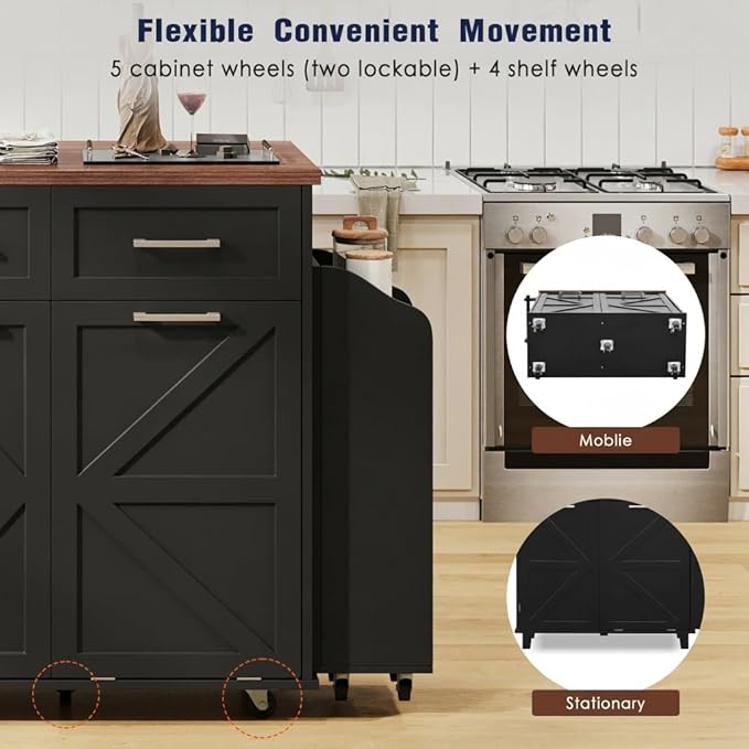 47.2" Kitchen Island with Drop Leaf, Portable Kitchen Cart with Trash Storage Cabinet & Removable Side Racks, 2 Drawers, Rolling Island Table on Wheels with Towel Rack, Black