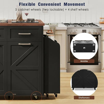 47.2" Kitchen Island with Drop Leaf, Portable Kitchen Cart with Trash Storage Cabinet & Removable Side Racks, 2 Drawers, Rolling Island Table on Wheels with Towel Rack, Black