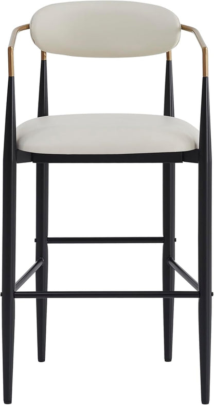 Bar stools Set of 2, Upholstered Bar Stools with Back for Kitchen Island, Beige Faux PU Leather Seating Black Iron Legs 260LBS Weight Capacity