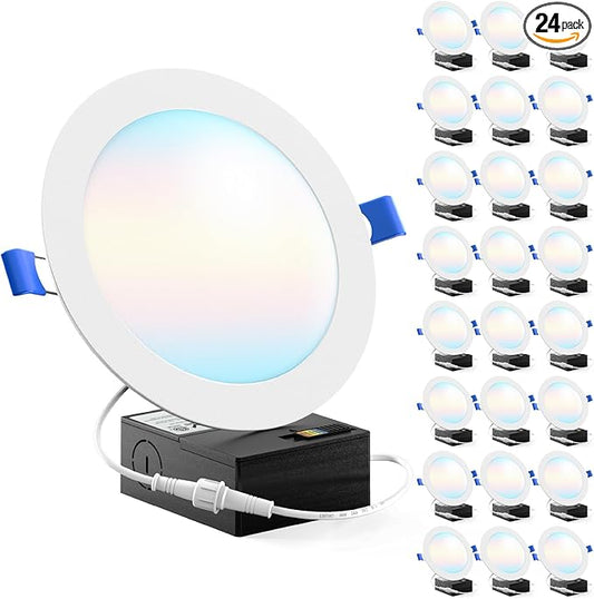 Sunco 24 Pack 6 Inch Ultra Thin LED Recessed Ceiling Lights, High Brightness 1500LM, Selectable CCT 2700K/3000K/4000K/5000K/6000K, Dimmable, 14W, Canless with Junction Box