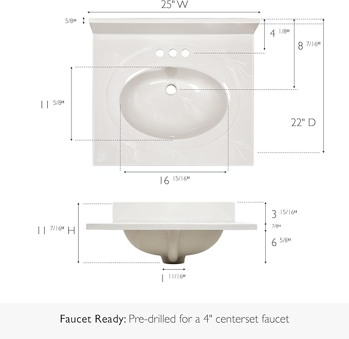 Design House Cultured Marble Vanity Top, 25 in W x 22 in D, Integrated 4 in Centerset Oval Sink & Backsplash, Ivory Swirl, 586313
