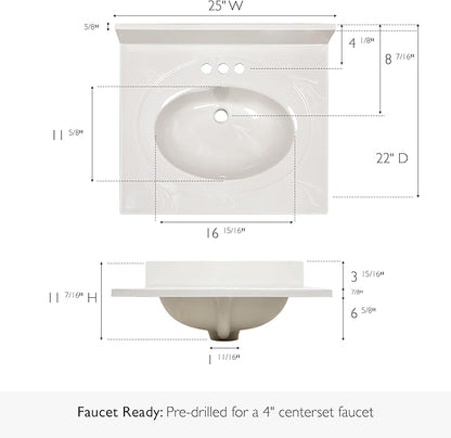 Design House Cultured Marble Vanity Top, 25 in W x 22 in D, Integrated 4 in Centerset Oval Sink & Backsplash, Ivory Swirl, 586313