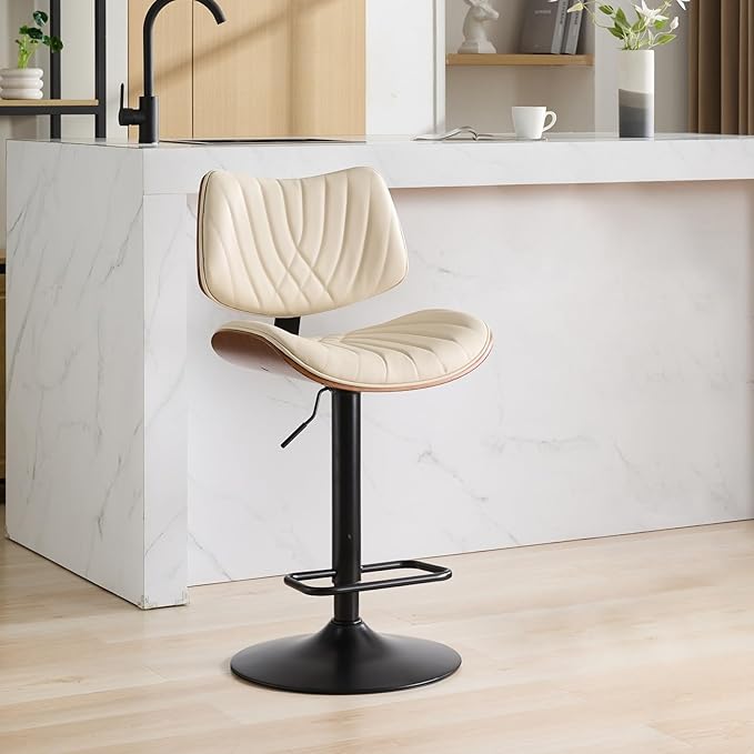 Modern Mid Century Adjustable Counter Height Leather Upholstered 360°Swivel Bar Chairs for Kitchen Island/Dining Room/Cafe, 1 Chair