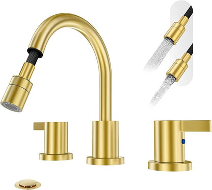 Phiestina Pull Down Sprayer Brushed Gold 8 Inch Bathroom Sink Faucet, 2 Handles 3 Hole Widespread Pull Out Bathroom Faucet，with Pop Up Drain and Water Supply Line,BF04022-K01-BG