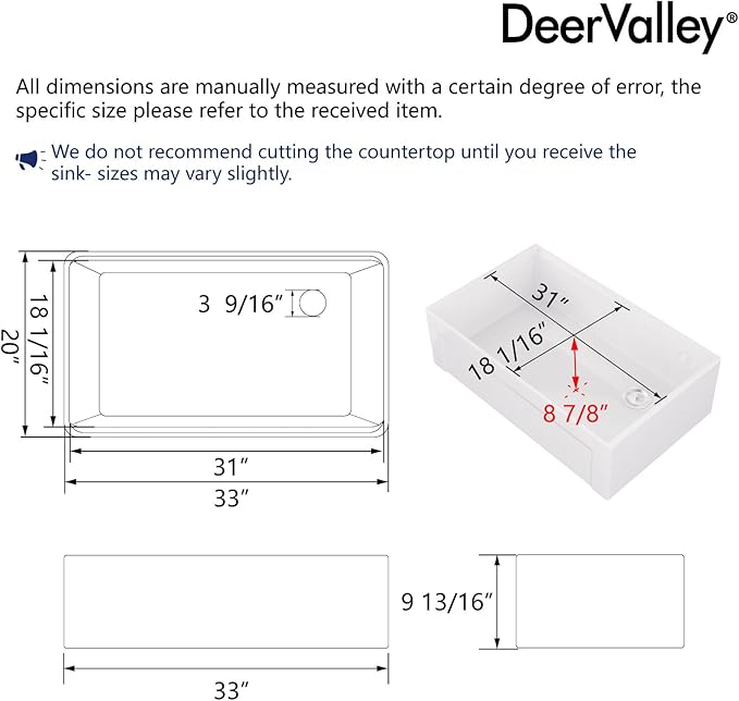 DeerValley 33" L x 20" W White Farmhouse Workstation Sink, Reversible Fireclay Deep Single Bowl Apron Front Kitchen Sink, Undermount Farm Sink with Ledge and Accessories