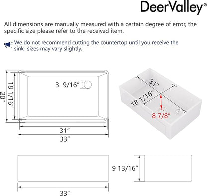 DeerValley 33" L x 20" W White Farmhouse Workstation Sink, Reversible Fireclay Deep Single Bowl Apron Front Kitchen Sink, Undermount Farm Sink with Ledge and Accessories