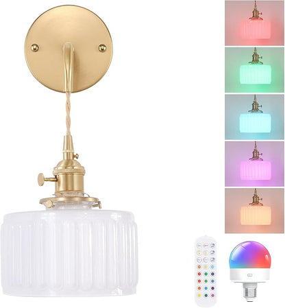Shenmoyl Battery Operated Wall Sconce with White Striped Shade Pattern Glass Adjustable Chain Retro Gold Wall Mounted Light, Modern Wall Lamp Fixtures Decor for Bedside Bedroom Indoor Doorway