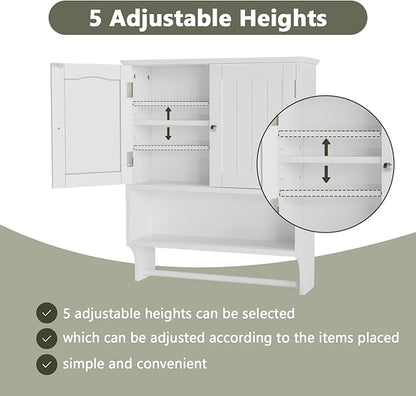 Smuxee White Bathroom Cabinet Wall Mounted with Towels Bar, Bathroom Medicine Cabinet with 2 Door Adjustable Shelves, Over Toilet Cabinet for Bathroom Laundry Room Kitchen