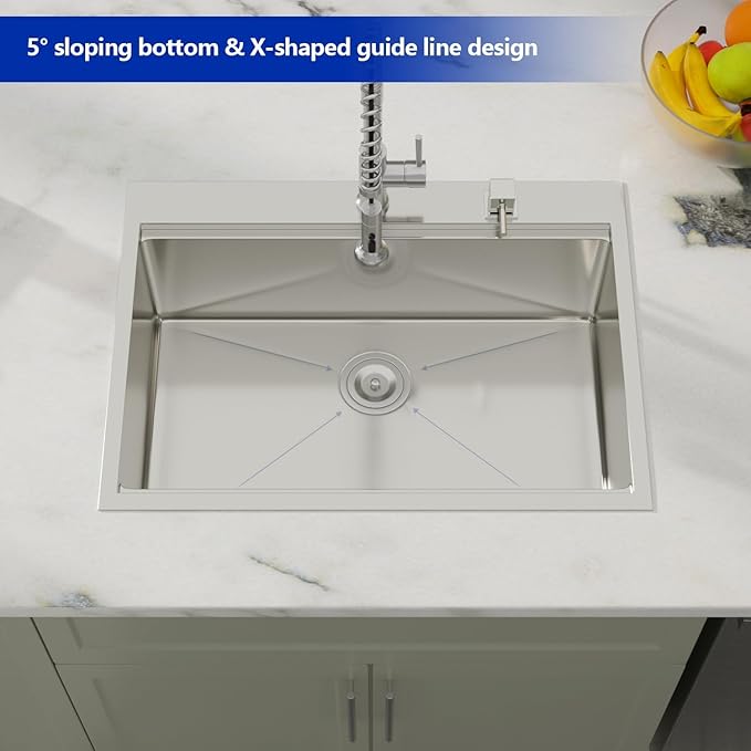 Dcolora 28 In. Drop In Kitchen Sink Stainless Steel Single Bowl Workstation Sinks Topmount, Round Corner 28"x22"x10" #DC-T7744