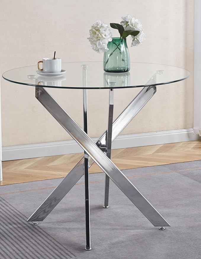 Round Glass Dining Table,Dining Room Table with Metal Legs, Modern Kitchen Table for Home, Kitchen, Dining Room
