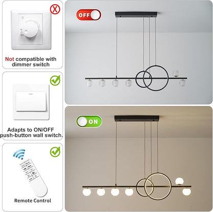 ORANOOR Modern Black Gold Chandeliers for Dining Room, 47in Dimmable LED Chandelier Linear Pendant Light for Kitchen Island, Upgraded 6 Globe Hanging Pendant Chandelier Lighting (2 Rings, 4200lm)