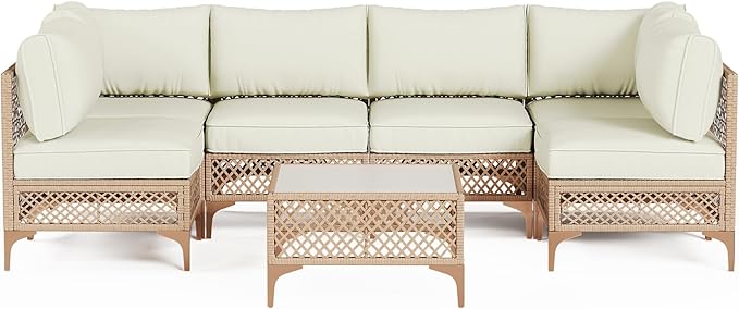 Outdoor Patio Furniture Set, Wicker Outdoor Sectional Set, Boho Patio Conversation Sectional Sofa with Large Tempered Glass Coffee Table and Waterproof Cushion (Large Size 7-Piece Patio Furniture)