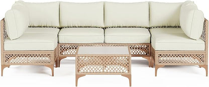 Outdoor Patio Furniture Set, Wicker Outdoor Sectional Set, Boho Patio Conversation Sectional Sofa with Large Tempered Glass Coffee Table and Waterproof Cushion (Large Size 7-Piece Patio Furniture)