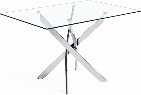 Tempered Glass Dining Table with Chromed Legs,47" Modern Rectangular Kitchen Table for Dining Room Kitchen,Sliver
