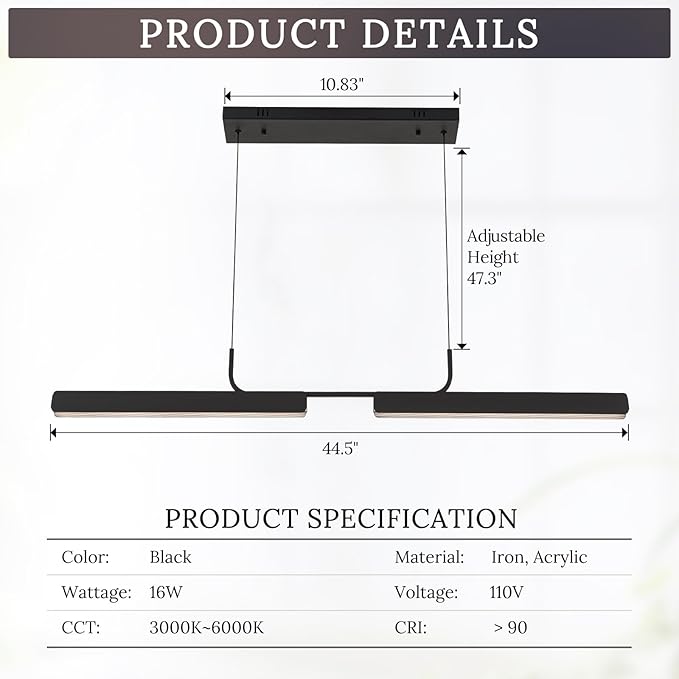 Modern Black Linear LED Pendant Light with Remote Control, 45" 16W 3-Color Temp Stepless Dimmable Island Pendant Lights, Hanging Adjustable Minimalist Pendant for Dining Room Kitchen Bar