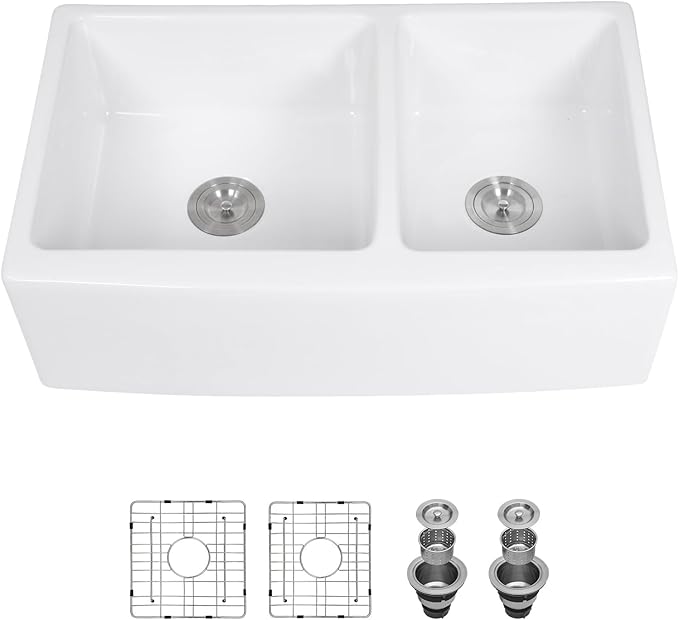 Sarlai 33 Double White Farmhouse Sink - 33 x 21 Inch Kitchen Sink Apron Front Double Bowl 60/40 White Porcelain Ceramic Fireclay Kitchen Farm Sinks Basin