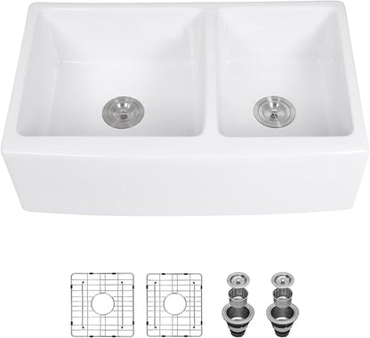 Sarlai 33 Double White Farmhouse Sink - 33 x 21 Inch Kitchen Sink Apron Front Double Bowl 60/40 White Porcelain Ceramic Fireclay Kitchen Farm Sinks Basin