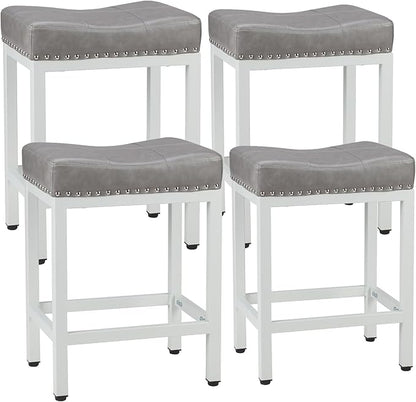 Sweetcrispy 24 inch Bar Stools Set of 4, Upholstered Modern Counter Height Bar Stools for Kitchen Island Modern PU Leather Sadless Stools Chair with Metal Base and Footrest,Grey