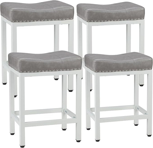 Sweetcrispy 24 inch Bar Stools Set of 4, Upholstered Modern Counter Height Bar Stools for Kitchen Island Modern PU Leather Sadless Stools Chair with Metal Base and Footrest,Grey