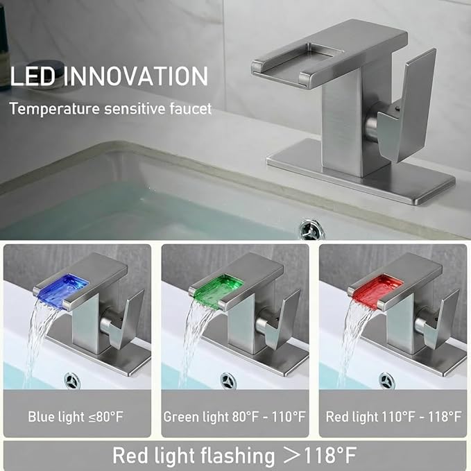 AVSIILE LED Bathroom Sink Faucet, Brushed Nickel Waterfall Single Hole Handle Vanity Faucets for Sinks 1 Hole with Metal Pop Up Drain and 2 Water Supply Lines, Side Handle
