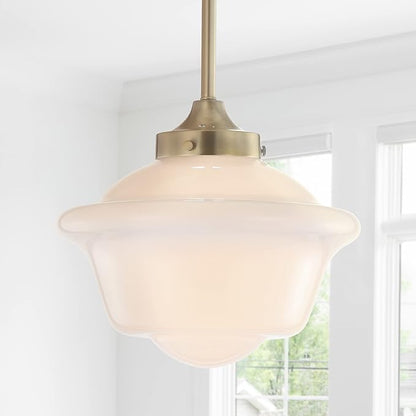JONATHAN Y 9.5" Brass Gold/White Modern Schoolhouse LED Pendant Light Fixture, Adjustable Drop Metal Hanging Lamp with White Glass Shade for Kitchen Island, Dining Room, Foyer (JYL3517A)