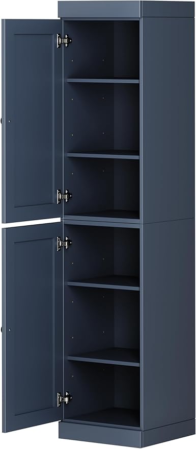 Palace Imports Solid Wood Kitchen Pantry - Narrow Storage Cabinet -Shaker Doors, Adjustable Shelves, Antique Blue, 16.5" Wide x 71.5" Tall, 100% Eco-Friendly Wood, Modular Cabinet