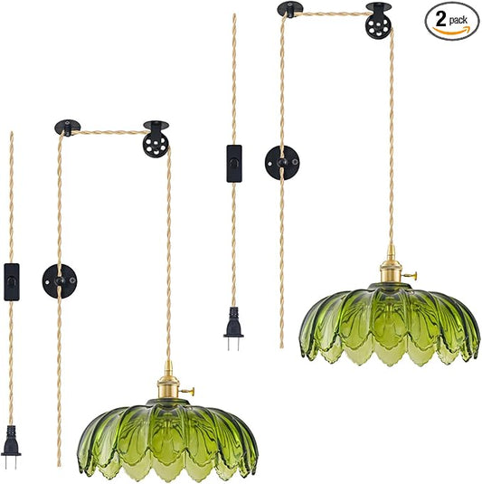 2 Pack Plug in Pendant Light Fixtures, Hanging Light Fixture Glass Pendant Light, Vintage Green Hanging Lamp, Pendant Lighting for Kitchen Island, Bedroom, Dining Room, Living Room