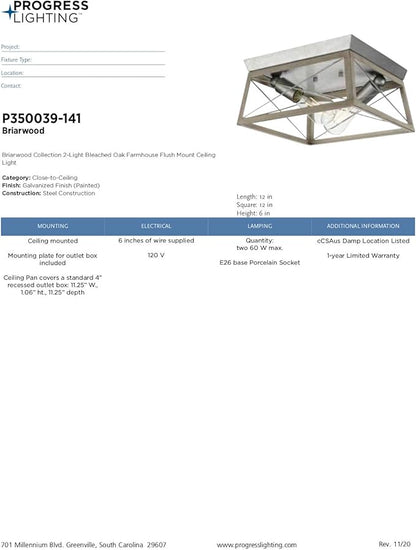 Progress Lighting Briarwood Collection 2-Light Ceiling Light, Flush Mount Ceiling Light Fixture for Interior Kitchen Lights, Hallway, Bedroom, Living Room, 12-Inch by 6-Inch, Galvanized Finish