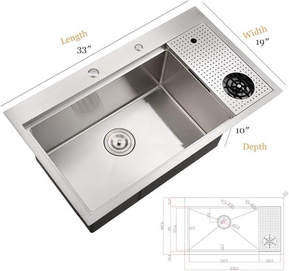 33 Inch Drop In Kitchen Sink with Cup Washer Workstation-Bokaiya 33x19 Stainless Steel Drop In Sink Ledge Workstation 16 Gauge Deep Top Mount Single Bowl Kitchen Sink