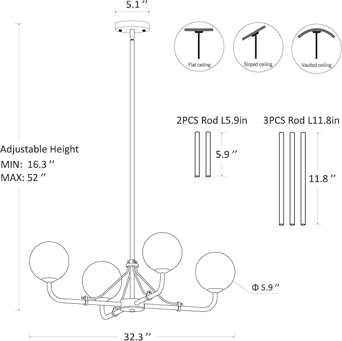 Klgxnrd 4 Lights Black Chandelier, Mid Century Modern Chandeliers for Dining Room, Hanging Sputnik Light Fixture for Living Room Kitchen Island Foyer Bedroom, Milk White Globe Glass Shade