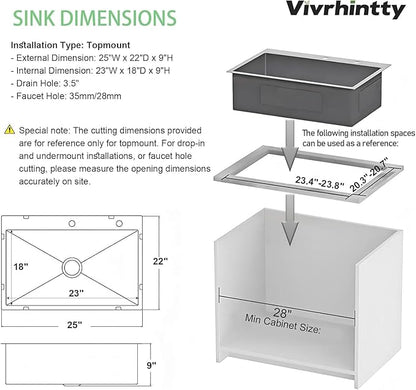 25" x 22" Drop-In Kitchen Sink, Single Bowl Topmount with Nano Coating & Workstation Design, Stainless Steel with Enhanced Durability