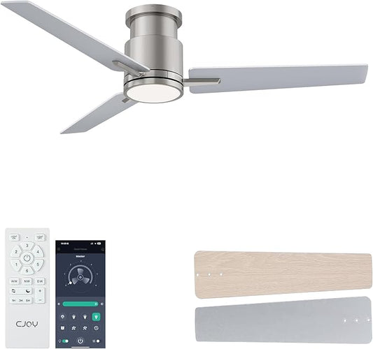 CJOY Ceiling Fan with Lights, 48 Inch Low Profile Ceiling Fans with Light and Remote, Reversible DC, Flush Mount, 3CCT，Dimmable, Modern Indoor/Outdoor Design for Bedroom, Living Room, Patio, Kitchen