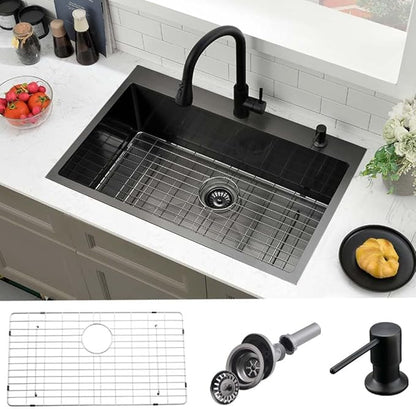 30 Black Kitchen Sink Drop In- Wesliv 30x18 Drop In Black Stainless Steel Kitchen Sink Single Bowl Overmount Deep Sinks with Bottom Rinse Grid&Soap Dispenser