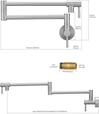Fransiton Brushed Nickel Pot Filler, Pot Filler Faucet Wall Mount, Brass Folding Stretchable with Double Joint Swing Arm Single Hole Two Handles Kitchen Restaurant