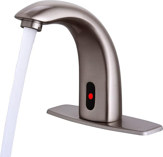 Automatic Touchless Bathroom Sink Faucet Motion Activated Sensor Faucets Hands Free Commercial Tap with Hole Cover Deck Plate Battery Operated Control Adjustable Temperature MixerBrushed Nickel