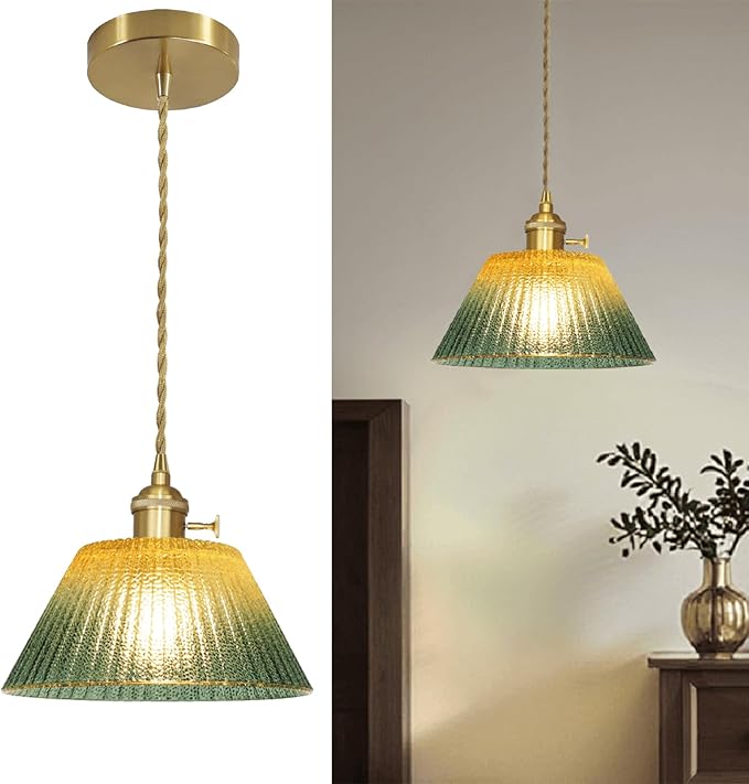 Glass Pendant Light Fixtures Adjustable Hanging Lamp, Gold Green Glass Pendant Lights Kitchen Island Dining Room Hallway Bedroom Living Room, LED Bulb Included