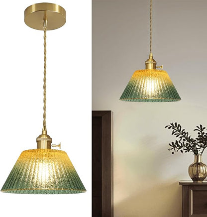 Glass Pendant Light Fixtures Adjustable Hanging Lamp, Gold Green Glass Pendant Lights Kitchen Island Dining Room Hallway Bedroom Living Room, LED Bulb Included