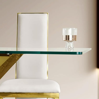 69” Modern Glass Dining Table for 6, Luxury Clear Tempered Glass Top with Gold X-Base Stainless Steel Legs, Elegant Rectangle Dining Room Table