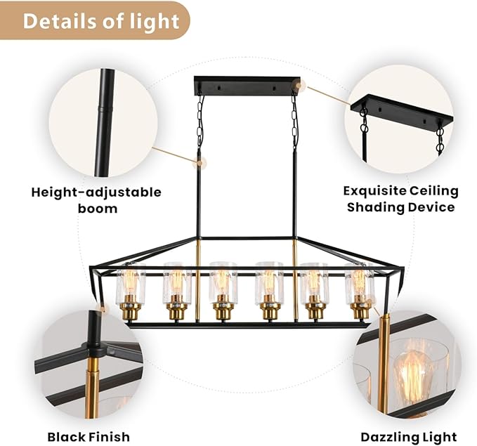 WJShome Black and Gold Chandelier, 6-Light Modern Chandeliers for Dining Room, Rustic Kitchen Island Lighting, Farmhouse Pendant Lights Kitchen Island, Dining Room Light Fixtures Over Table