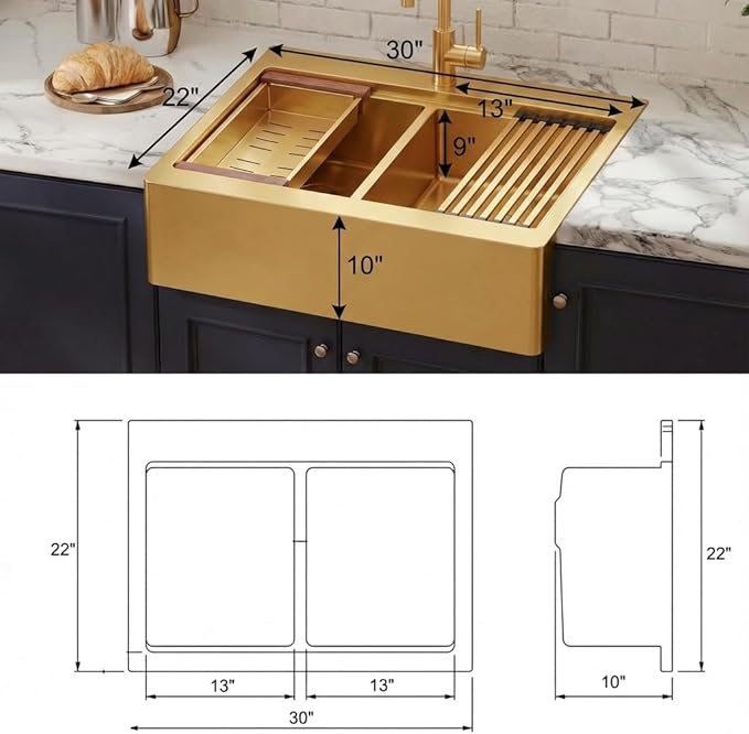 LQS Double Bowl Kitchen Sink, Undermount/Drop In Kitchen Sink, Double Bowl Stainless Steel Kitchen Sinks, 16 Gauge Stainless Steel Handmade Sinks (Gold, 30" x 22" x 10")